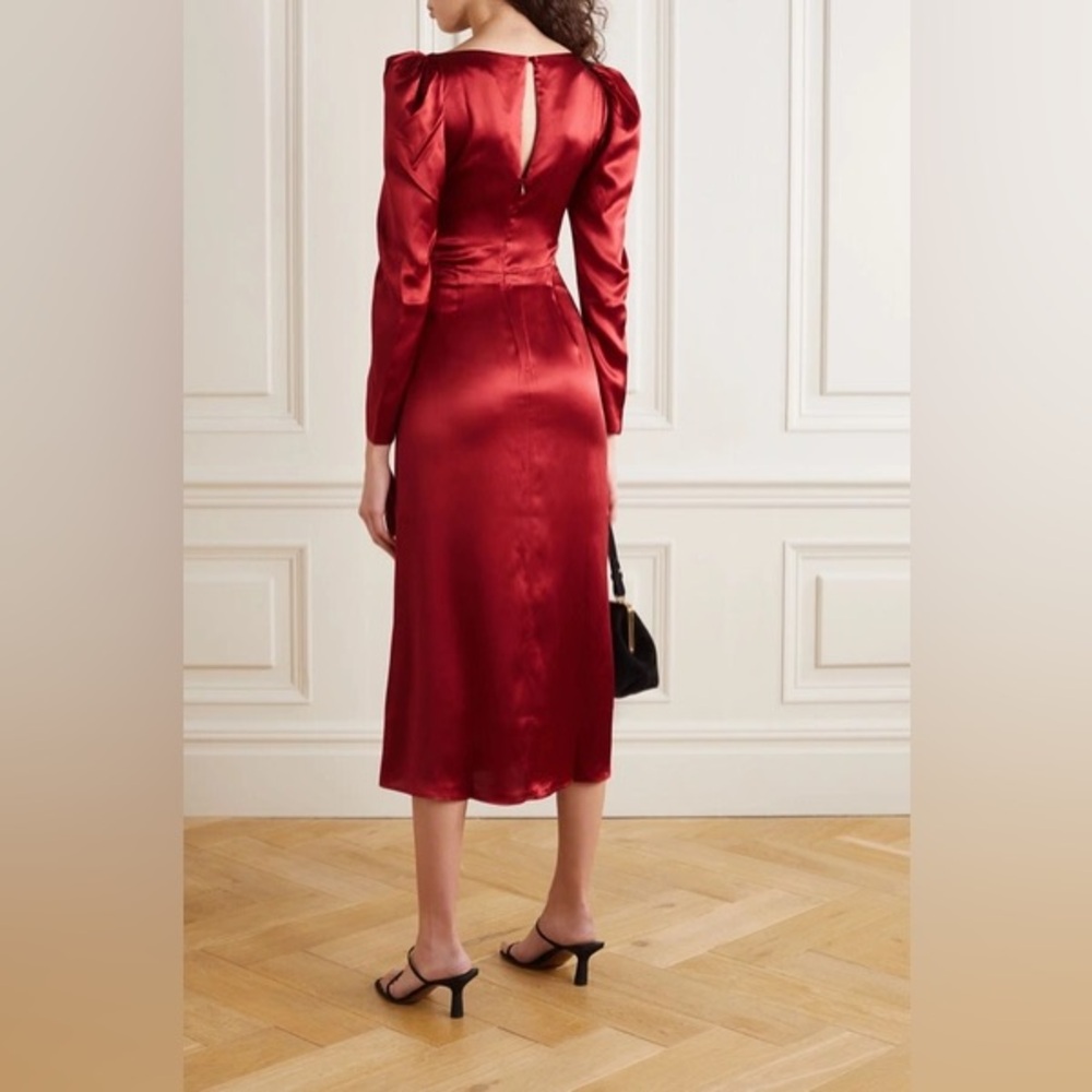 Reformation Cameron Gathered Silk-Satin Midi Dress in Crimson Red - Picture 4 of 9